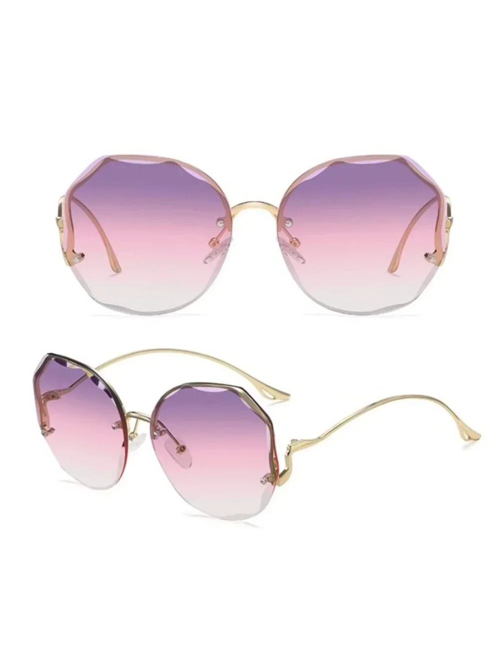 Octagon Purple & Pink Gradient Oversized Sunglasses With Unique Gold Metal Frame